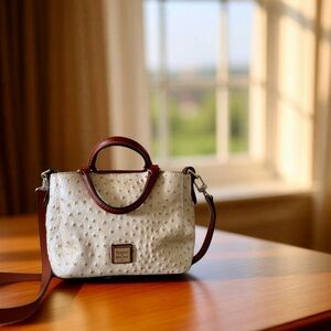 Dooney & Bourke Ostrich-Embossed Leather Satchel or crossbody with Brown Trim